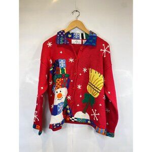 Design Options Women's Red Chunky Knit Cardigan Sweater Christmas Snowman Large